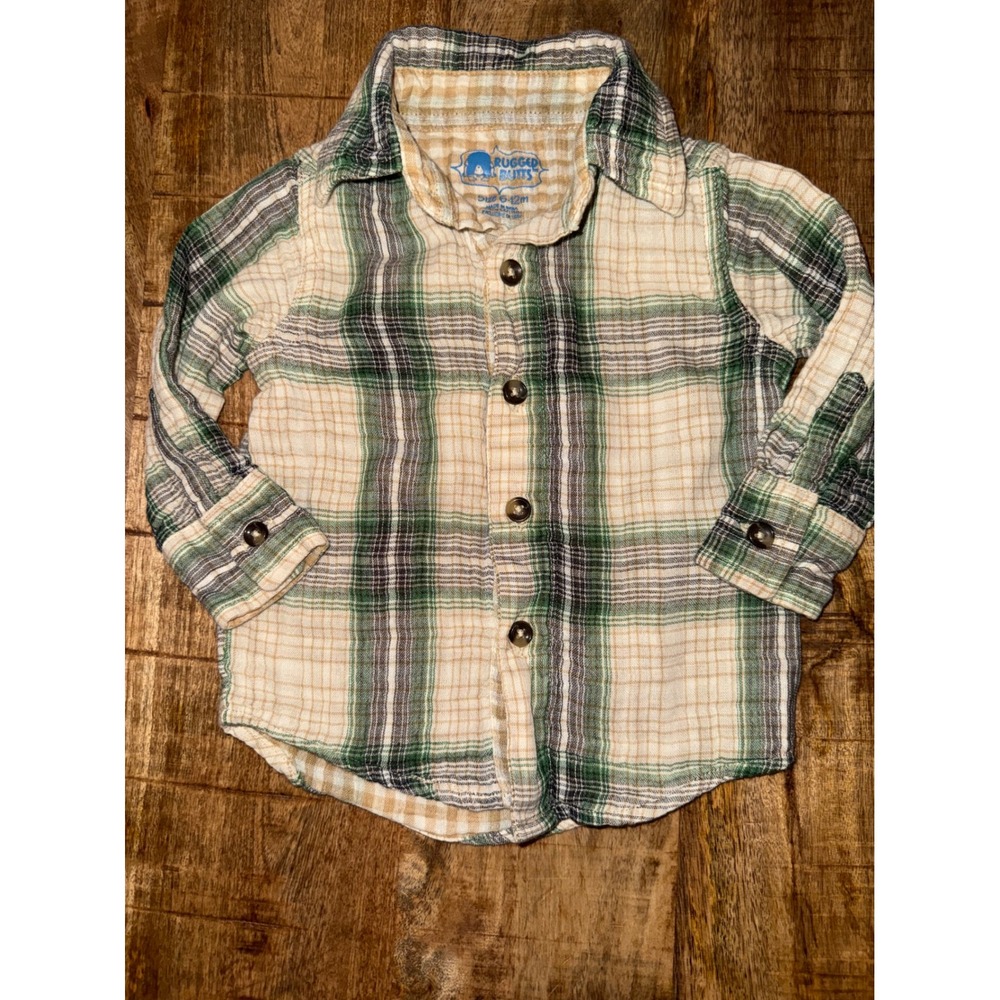 Rugged Butts Boys Green Tan Plaid Cotton Button Down Shirt 6-12M